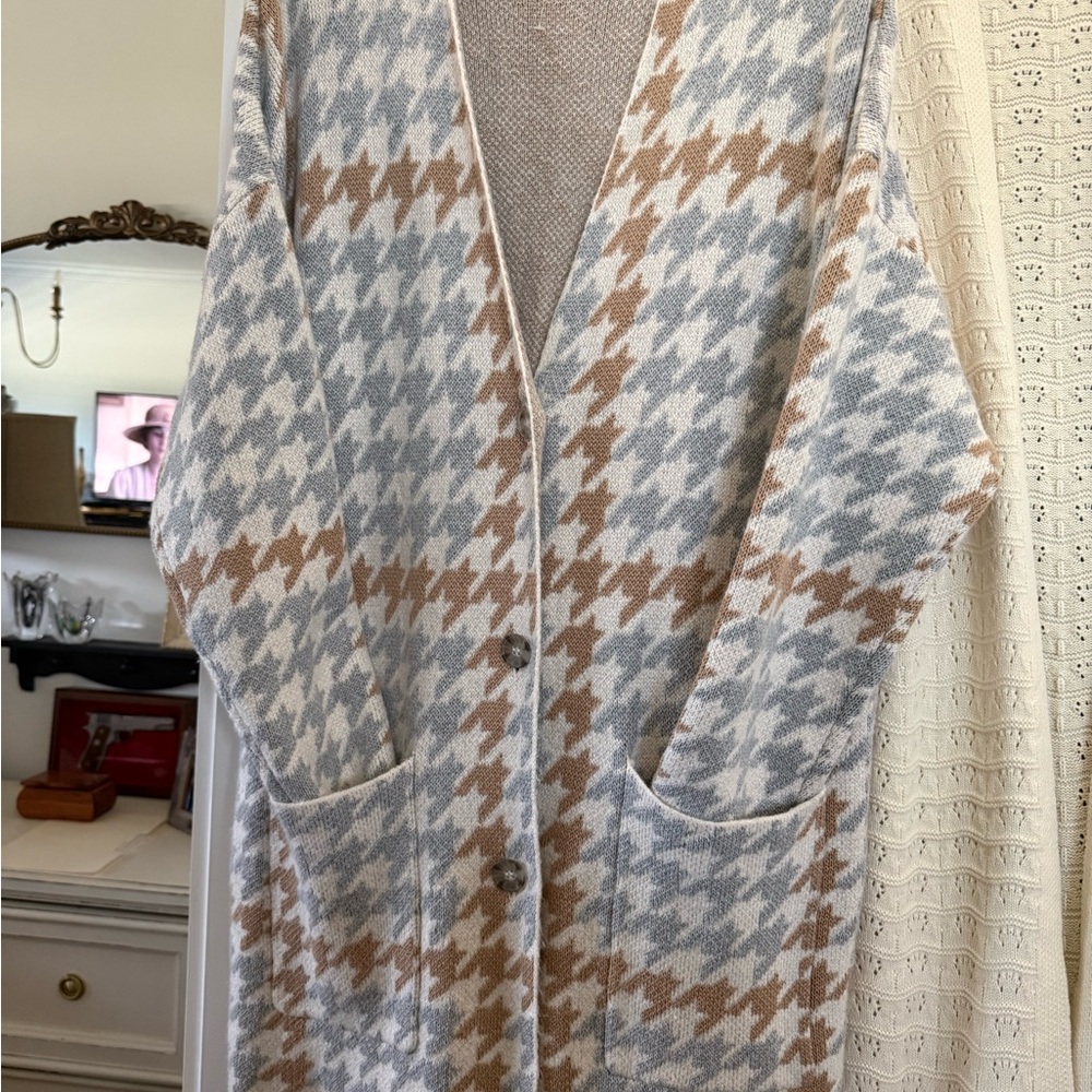 Houndstooth Buttoned Long Cardigan Sweater - Cream, Gray & Tan.  Very warm.
